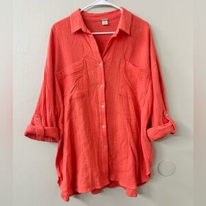 Magaschoni Organic Cotton Button Shirt Orange Roll Sleeve Oversized Sz L